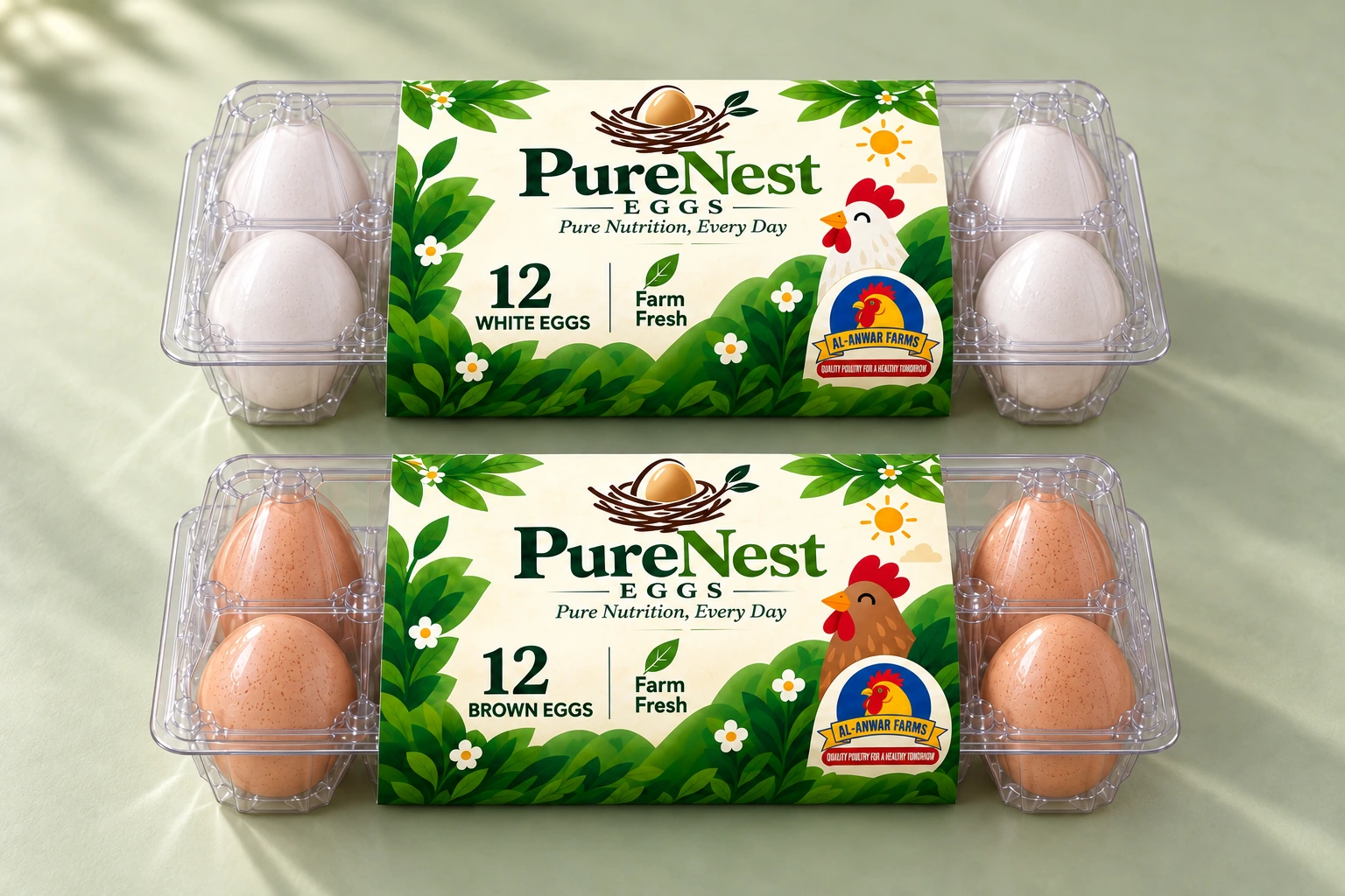 PureNest white and brown 12-egg packs on a sage studio display